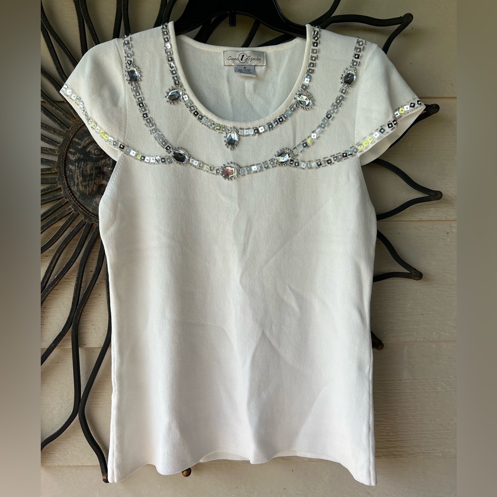 Ladies White Once 1 Again Sleeveless Sweater Top with Gems & Beads, Medium